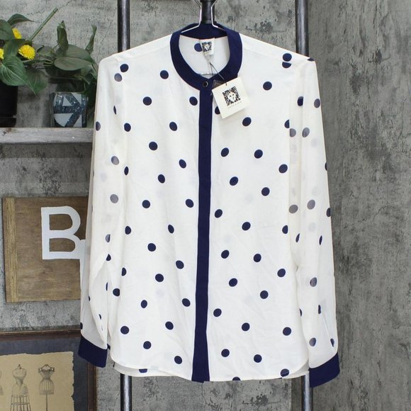 NWT Anne Klein Dot Print Button Front Blouse 10757624 S White / Navy Blue - Picture 2 of 5